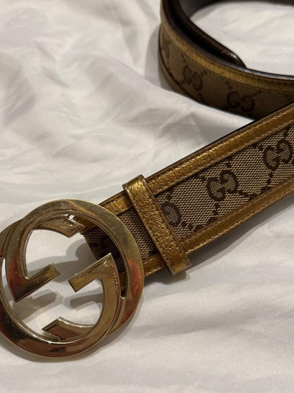 Gucci Brown Monogram Belt with Gold GG Buckle